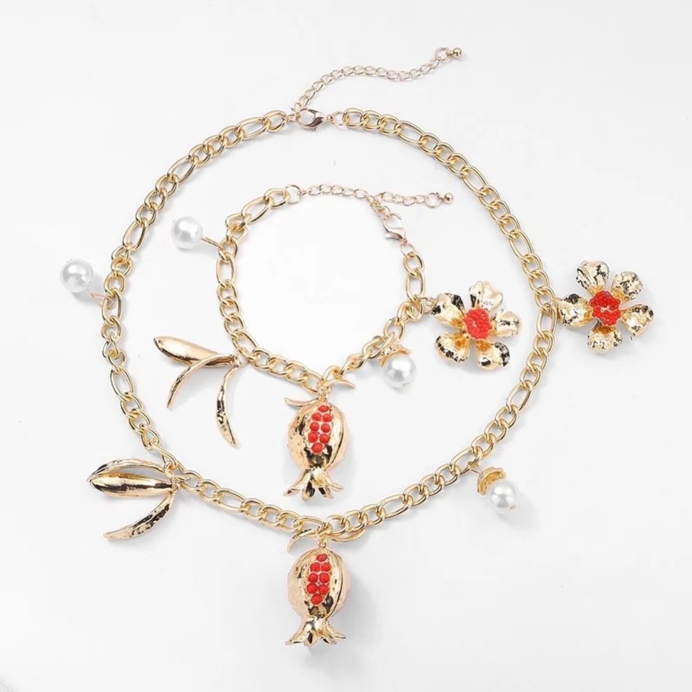 Zara Pomegranate Fruit Multi-Charm Chain Baroque Round Pearls Beads Necklace